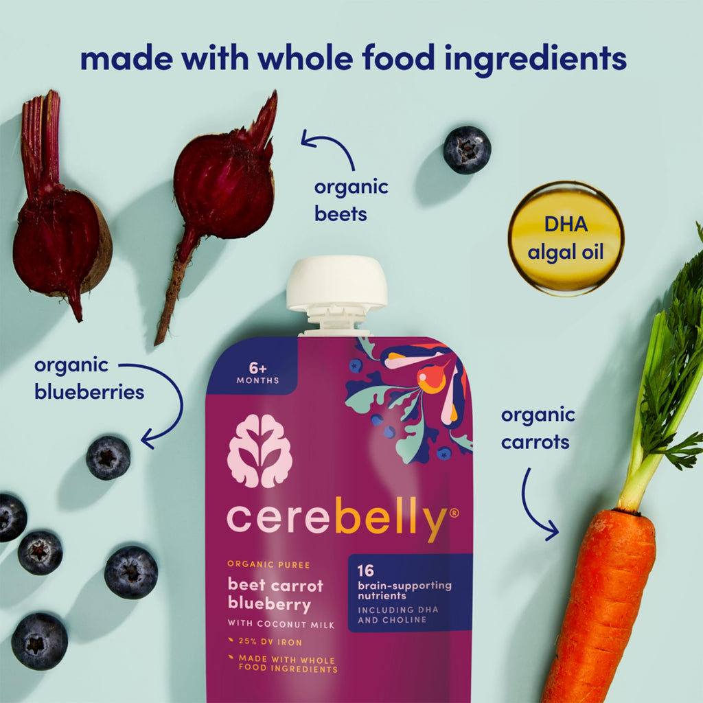 Cerebelly Organic Baby Food Pouches, Beet Carrot Blueberry Purees, 16 Nutrients, No Added Sugar, Fiber & Non-GMO, 4oz, 6 Pack