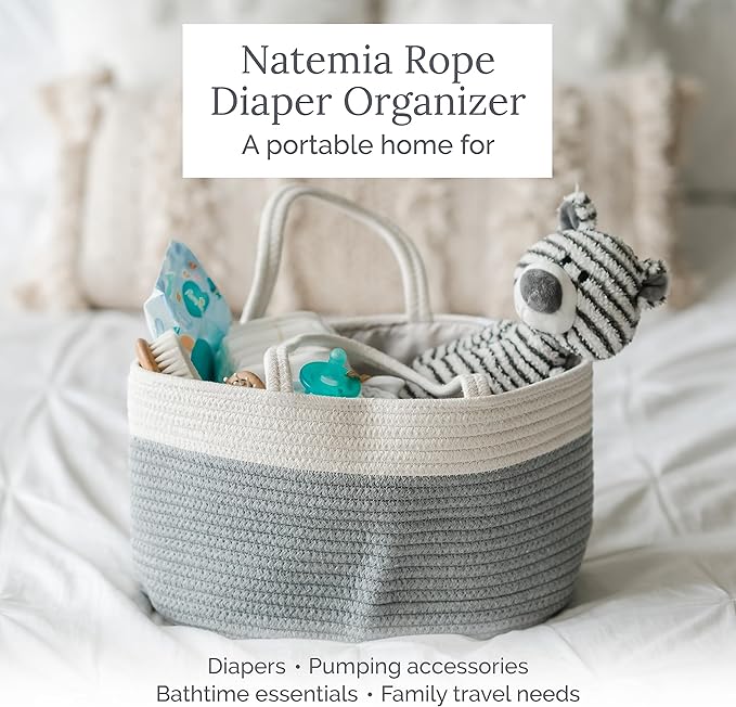 Natemia Baby Diaper Caddy Organizer - Baby Shower Basket for Gifts - Nursery Storage for Diapers, Wipes, Breast Pump - Portable Organizer and Gift Bag - Newborn Essentials