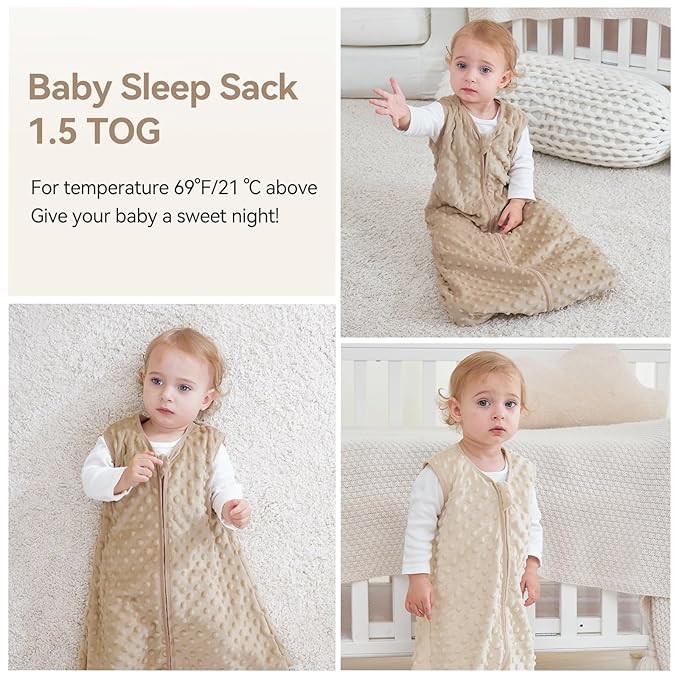 Fleece Baby Sleep Sack 0-6 Months with Plush Dots 1.5 Tog Baby Wearable Blanket with 2-Way Zipper Warm Sleeping Sack for Toddler Infant Newborn - Small, Coffee