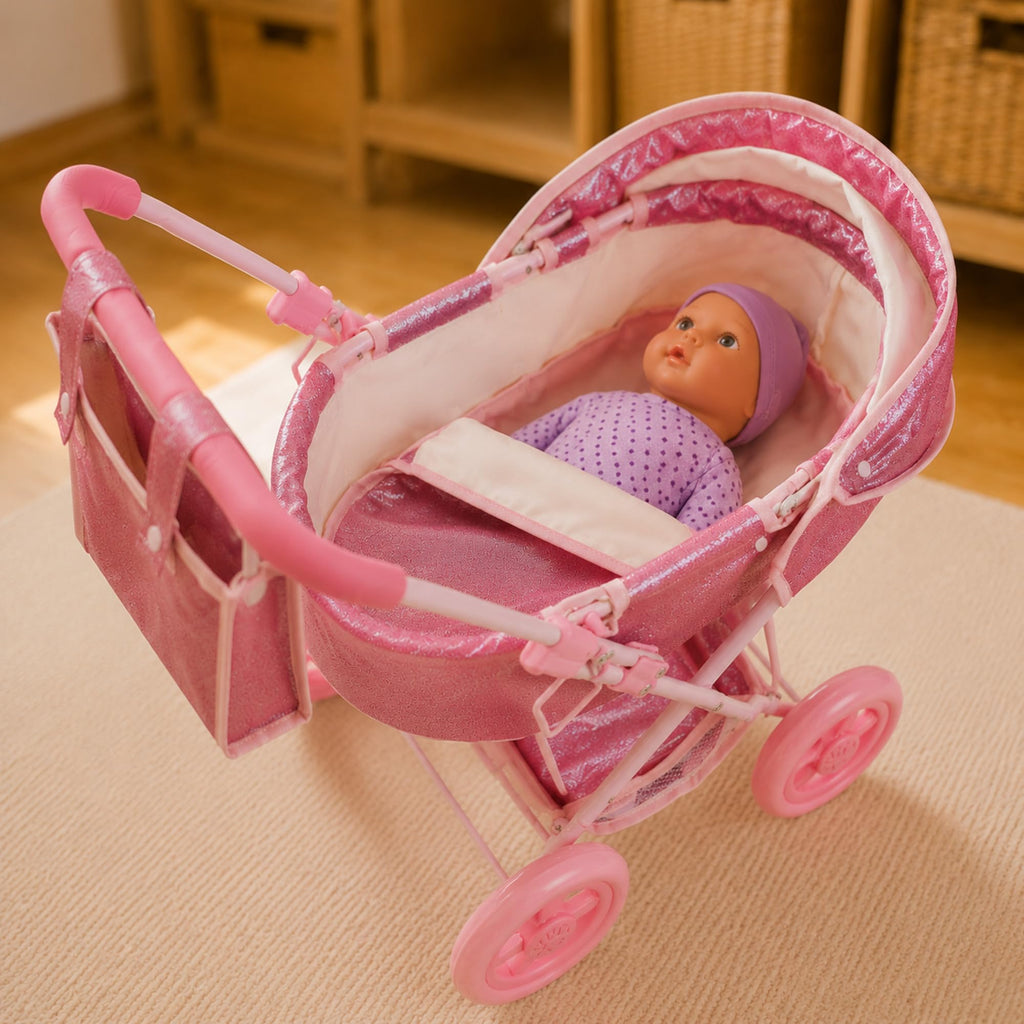 Olivia's Little World Baby Doll Bassinet Pram, Hot Pink Glitter