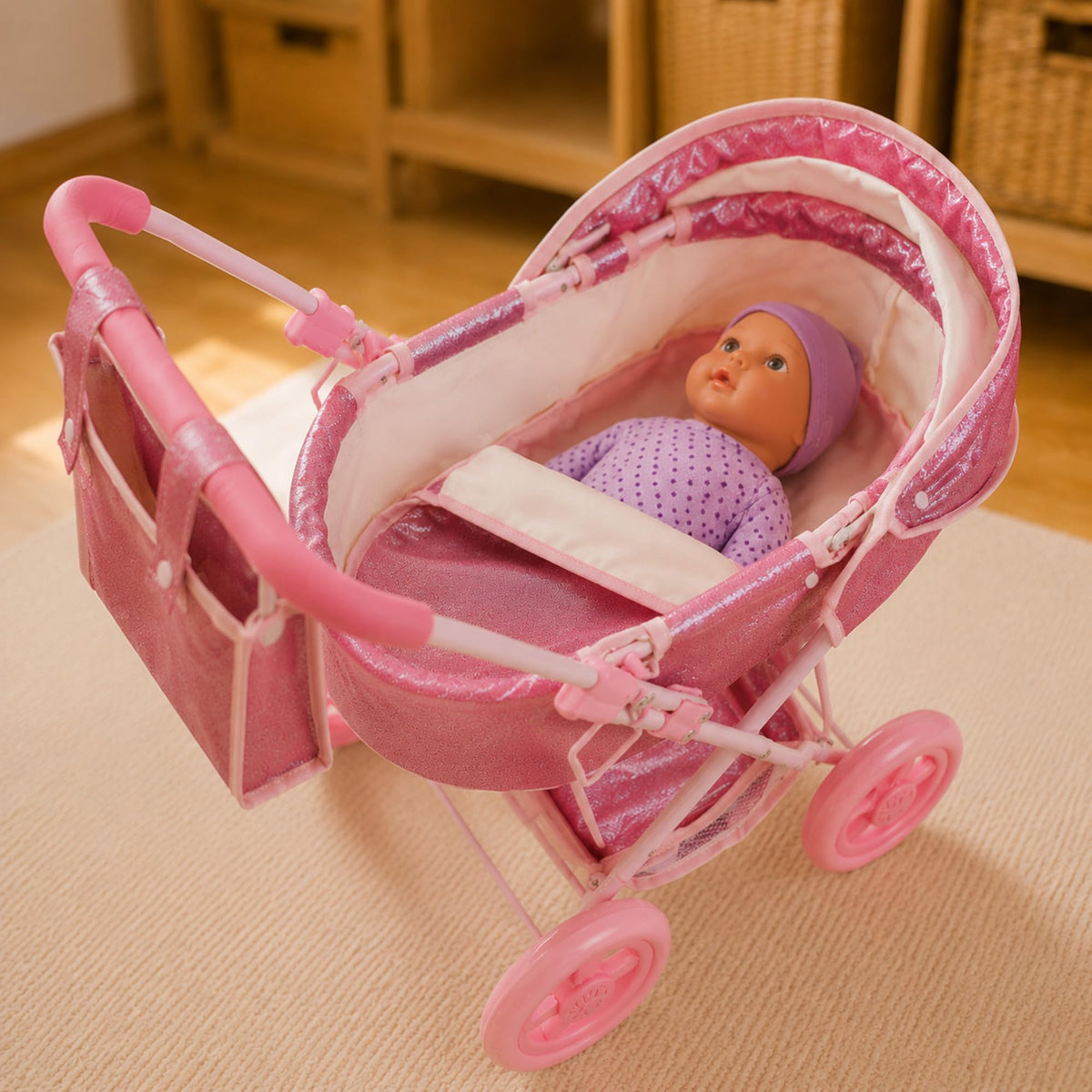 Olivia's Little World Baby Doll Bassinet Pram, Hot Pink Glitter