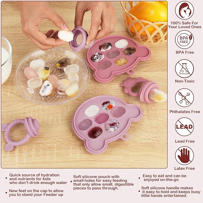 WAJIAYON Baby Breastmilk Popsicle Molds & Baby Fruit Feeder (4 Pack), Infant Food Freezer Tray Storage Containers, Silicone Teething Pacifier Feeder and Teether for Babies,Moss and Fawn Feeder(Pink)
