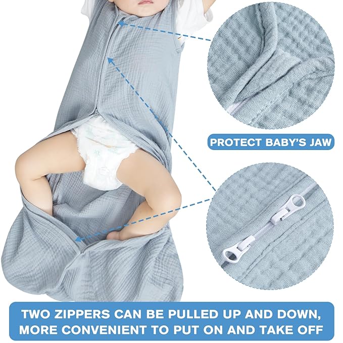 2 Pack Baby Sleep Sack 12-18 Months 100% Organic Cotton Muslin Baby Sleeping Bag 2-Way Zipper Toddler Wearable Blankets Comfy Stretchy Thin Sleep Sacks