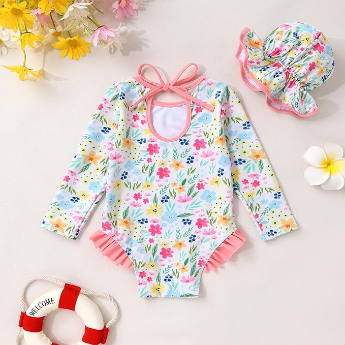 YOUNGER TREE Infant Baby Girls Swimsuit Long Sleeve Swimsuits One Piece Swimsuit Solid Color Bathing Suit with Hat, UPF 50+