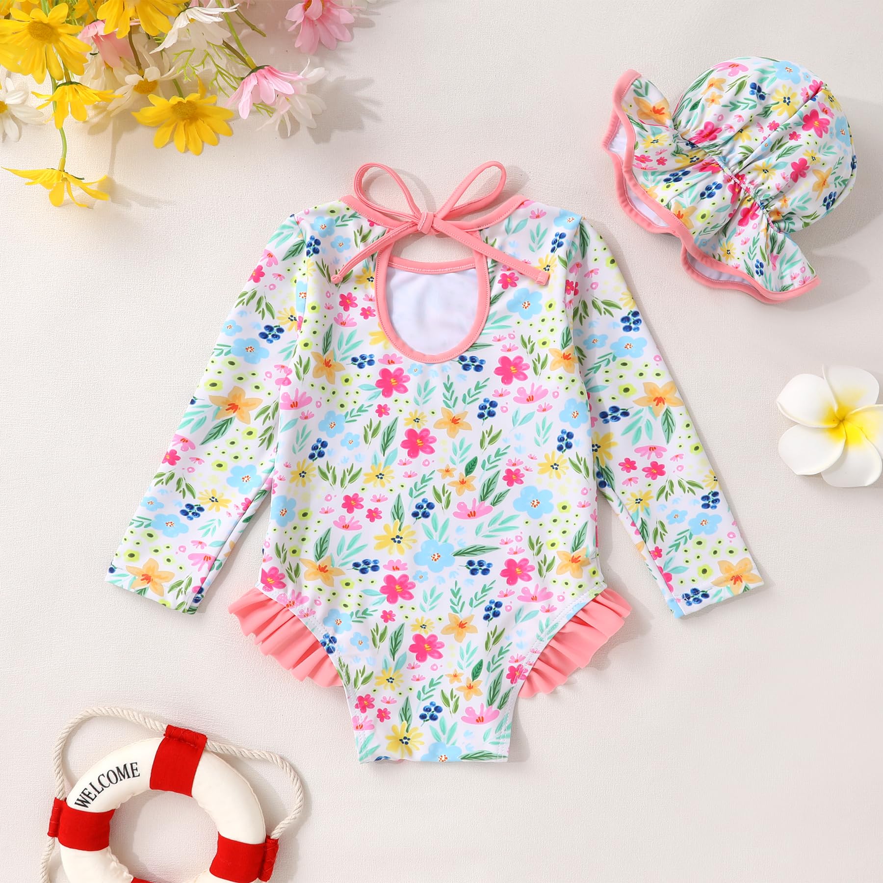 Infant Baby Girls Long Sleeve One Piece Swimsuit with Hat Floral Zipper Bathing Suit Leopard Beach Wear (Pink Edged Floral Fragments，12-18Months)
