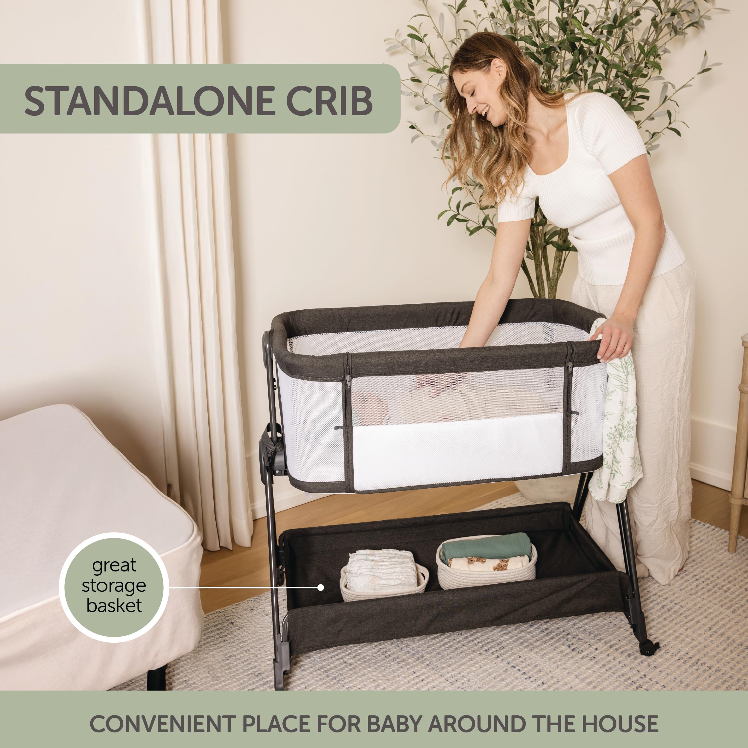 KOOLABABY Baby Bedside Sleeper - Bassinet & Bedside Crib with Height Adjustment & Wheels - Can Be Placed Next to Bed - Attaches to Parents Bed - Easy to Fold & Carry Bassinet (Grey)