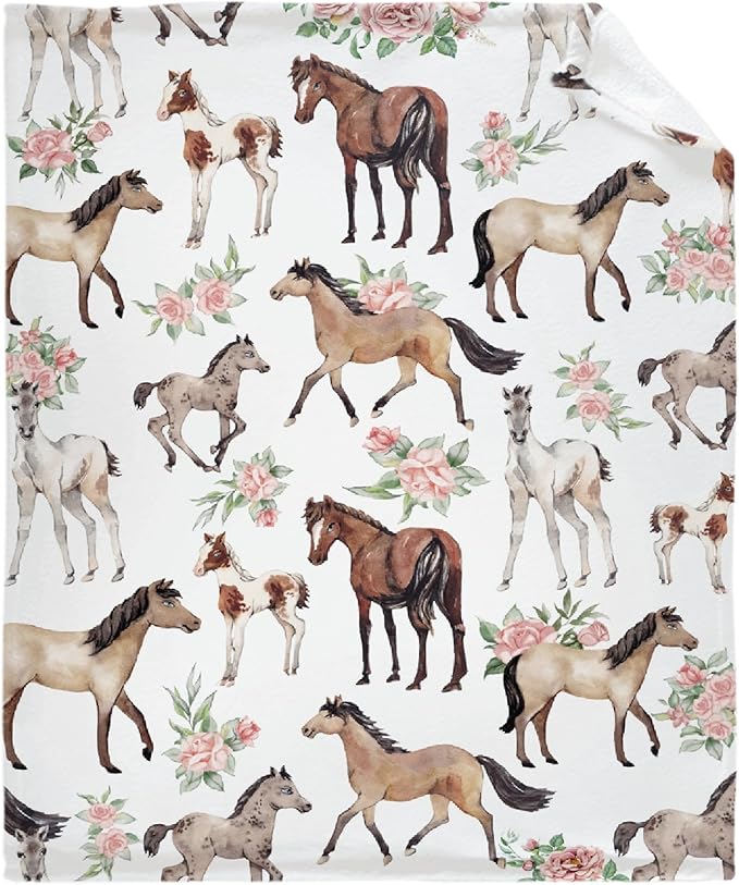 Horse Rose Throw Blanket for Women Men Flowers Blanket Gifts for Adults Cute Horses Lightweight Blanket 60X80 Inches for Bed All Season