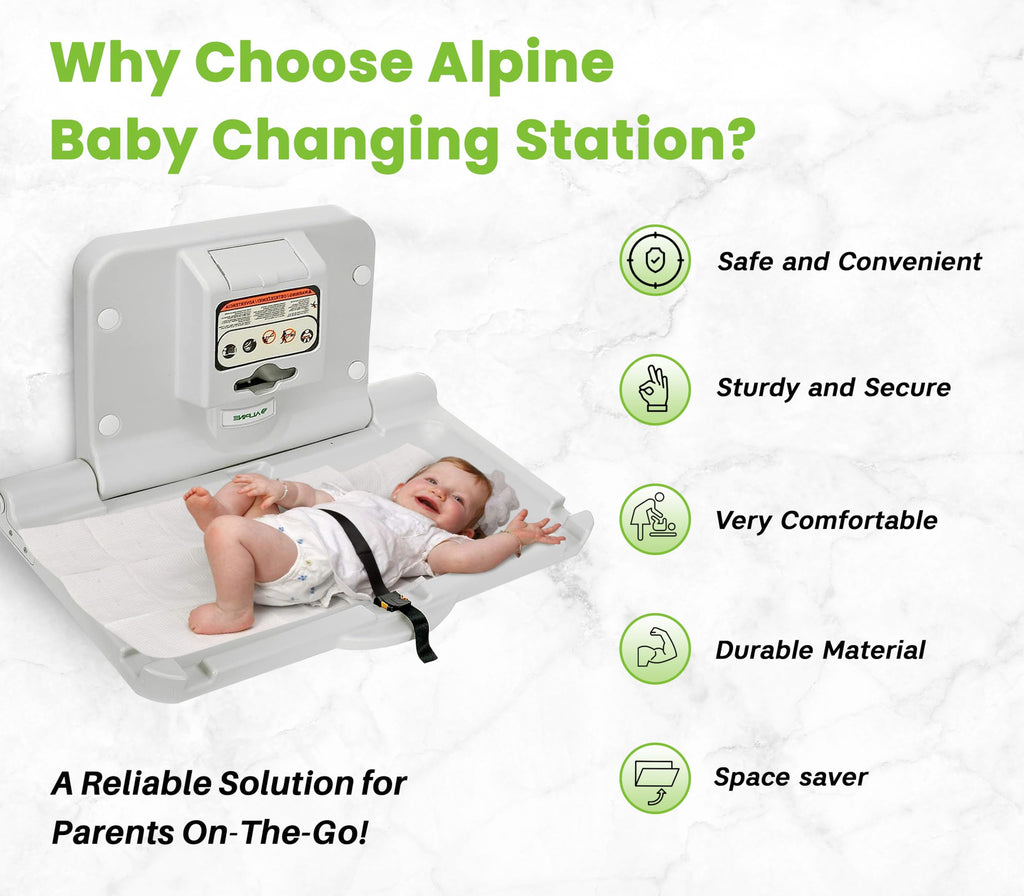 Alpine Wall Mounted Baby Changing Station - Horizontal Baby Changing Table Foldable Diaper Tables with Safety Strap for Commercial Bathroom, ADA Complaint (Hardware Included) White Gray