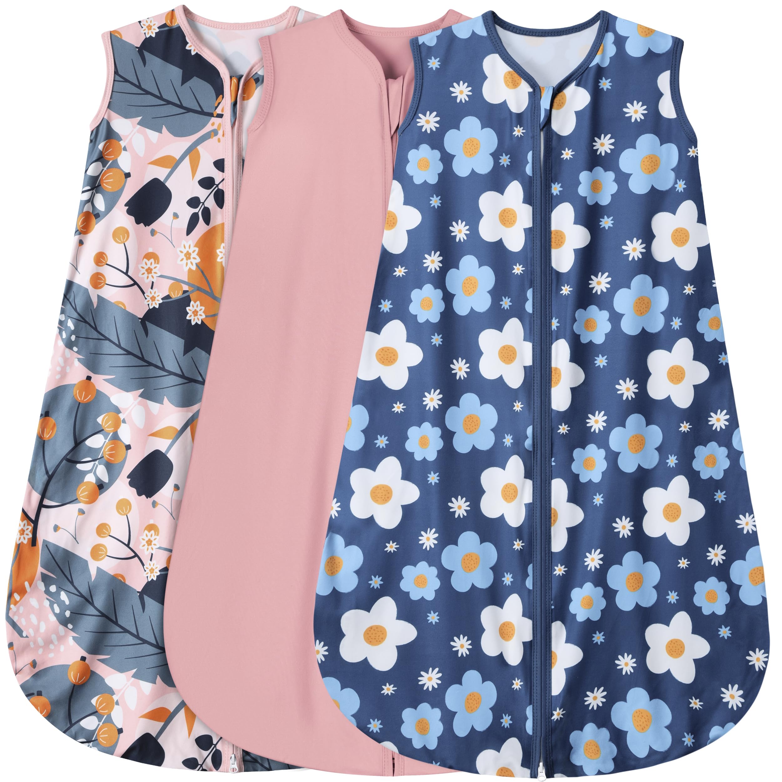 BSTOPPT 3 Pack Baby Sleep Sack 100% Rayon Cotton Baby Sleeping Bag 2-Way Zipper Toddler Wearable Blankets TOG 0.3. (Gerbera&Tulips&Pink, 0-6 Months)