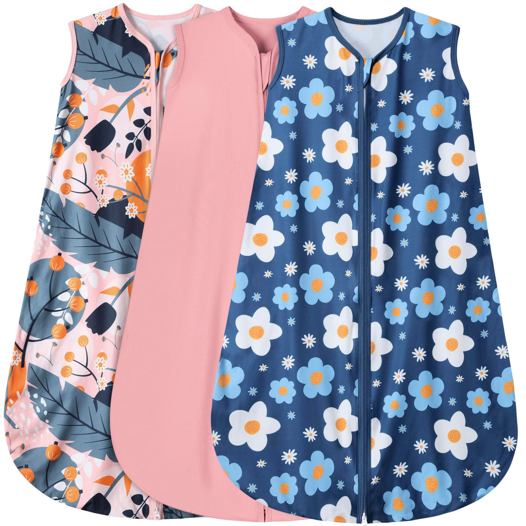 BSTOPPT 3 Pack Baby Sleep Sack 100% Rayon Cotton Baby Sleeping Bag 2-Way Zipper Toddler Wearable Blankets TOG 0.3. (Gerbera&Tulips&Pink, 12-18 Months)