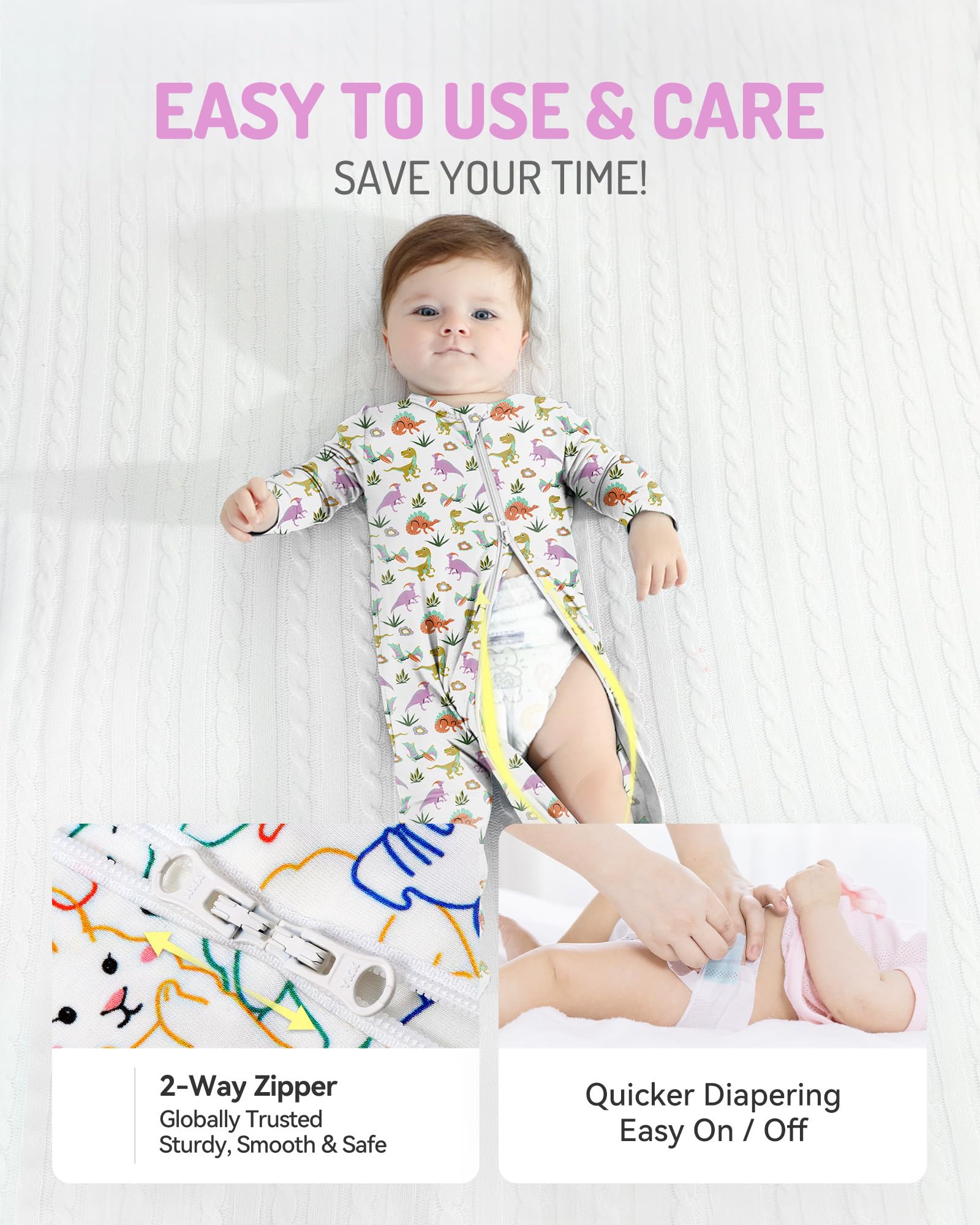 HAPIU Rayon from Bamboo Baby Footed Pajamas, 2 Way Premium Zipper, Footie for Baby Boy Girls, Newborn-24 Months, 2-Pack, Dinosaur Girl & Moonlight Blue, 3-6 Months