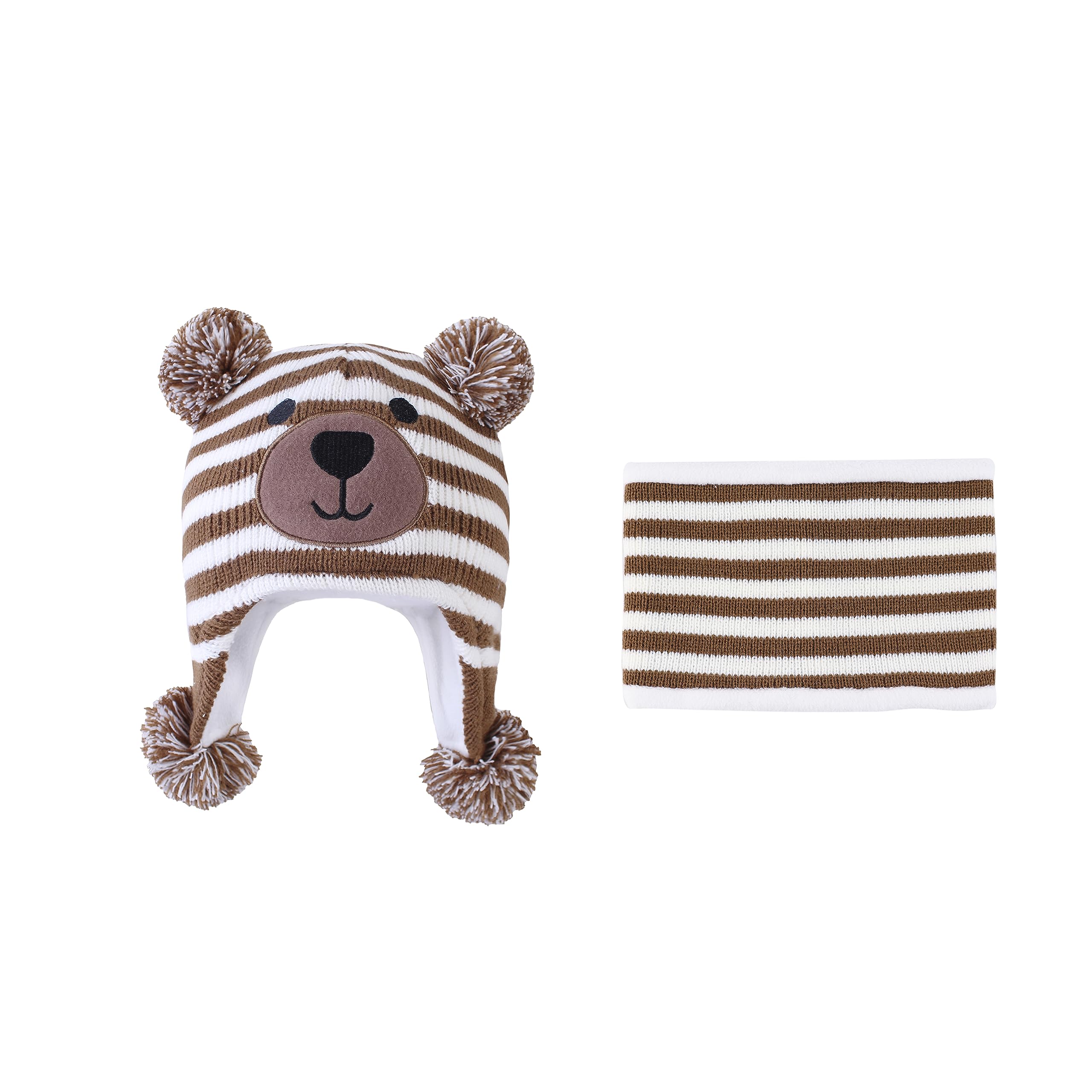 LANGZHEN Toddler Kids Infant Winter Hat,Earflap Knit Warm Cap Fleece Lined Beanie for Baby Boys Girls (Bear -Brown Stripe+Neck Gaiter Stripe, S)