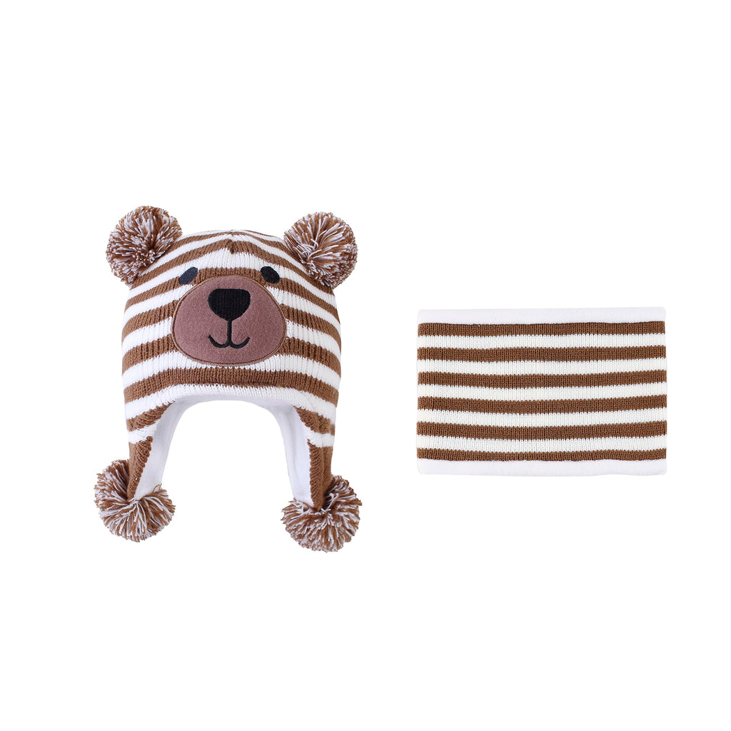 LANGZHEN Toddler Kids Infant Winter Hat,Earflap Knit Warm Cap Fleece Lined Beanie for Baby Boys Girls (Bear -Brown Stripe+Neck Gaiter Stripe, S)