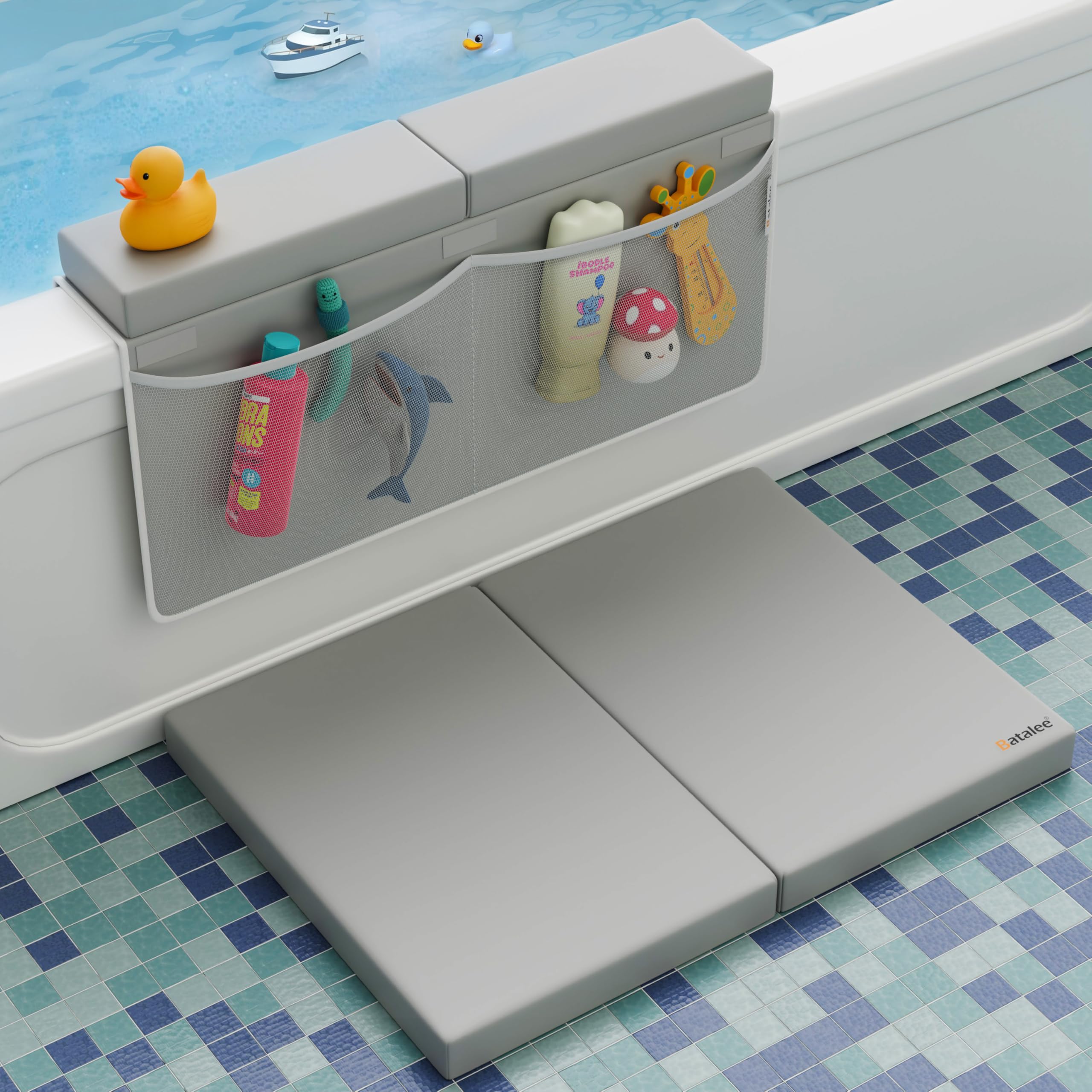 BATALEE Bath Kneeler and Elbow Rest Pad Set - Baby Bath Kneeler, Bathtub Kneeling Pad, Kneeling Pad for Bathing Baby, Knee & Elbow Saver with 4 Toy Organizer Pockets, X-Large 22 × 15 in, Gray