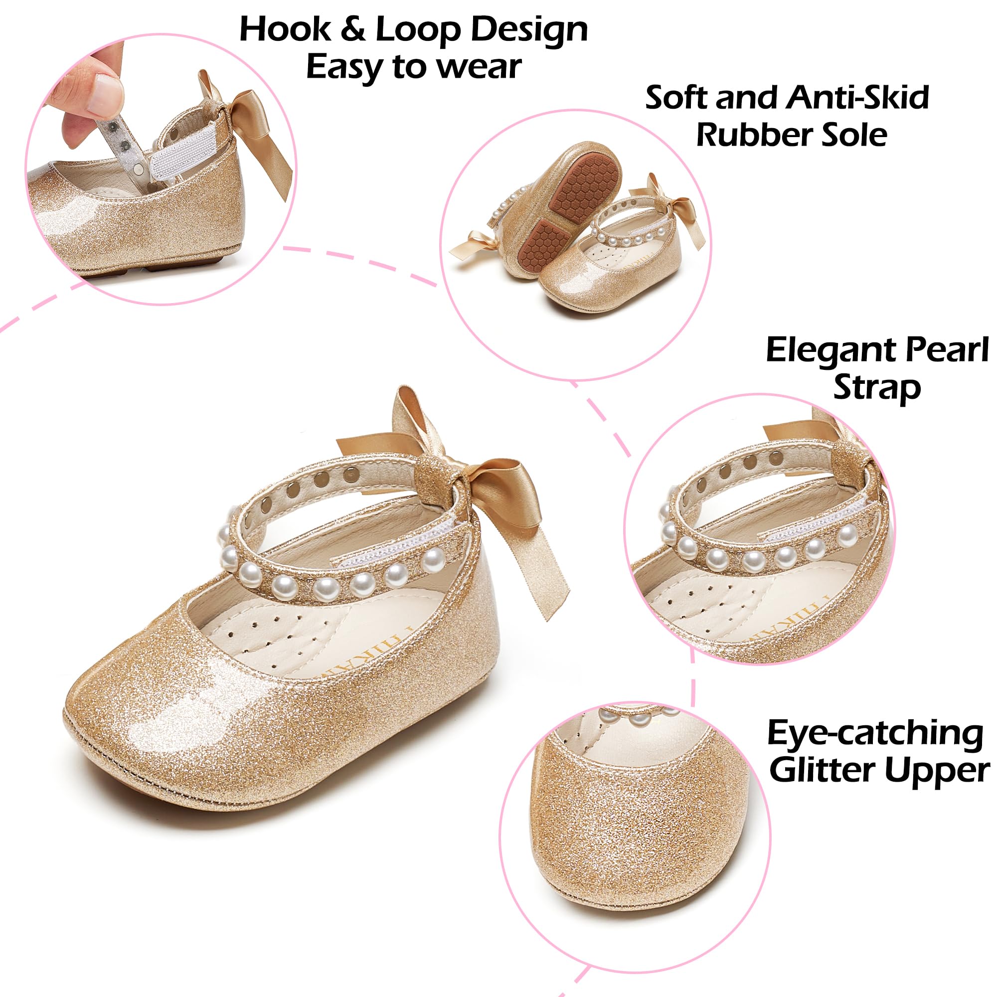 PHIRAMIN Baby Girls Glitter Gold Mary Jane Flats - Infant 9-12 Months Walking Shoes Soft Rubber Sole Princess Wedding