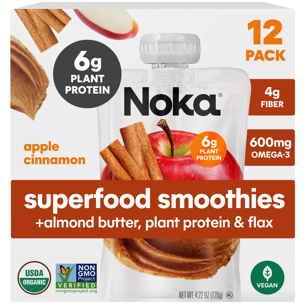 Noka Superfood Fruit Smoothie Pouches, Organic Applesauce Pouches with Apple, Cinnamon & Almond Butter, Healthy Snacks with Organic Fruits, Plant Protein, Fiber & Flax Seed, 4.22 oz (Pack of 12)