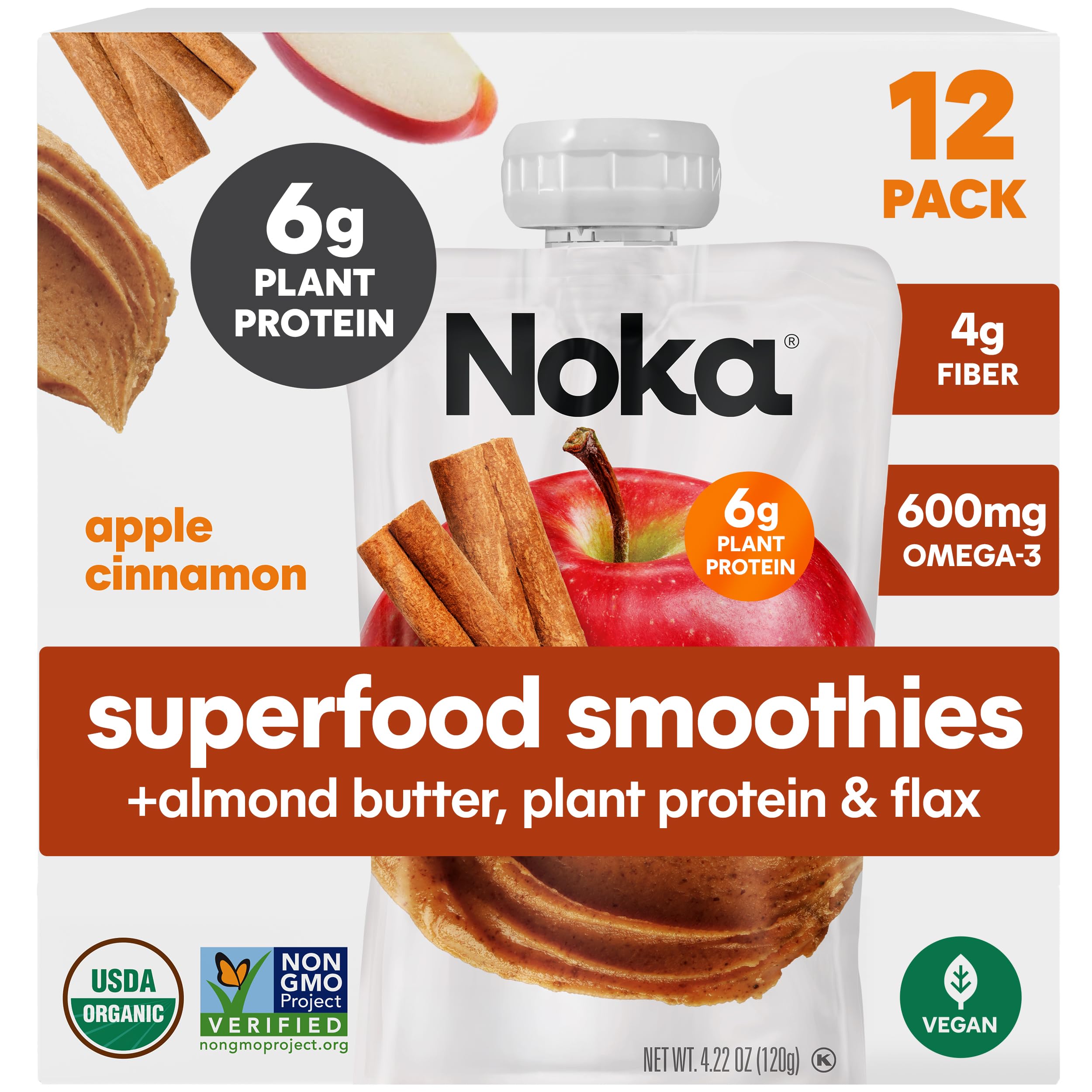 Noka Superfood Fruit Smoothie Pouches, Organic Applesauce Pouches with Apple, Cinnamon & Almond Butter, Healthy Snacks with Organic Fruits, Plant Protein, Fiber & Flax Seed, 4.22 oz (Pack of 12)