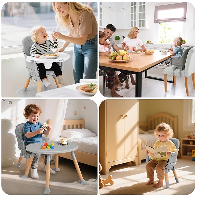 Ezebaby Baby High Chair, 8 in 1 Convertible High Chairs to Booster Seat/Toddler Chair/Table and Chair Set, Wooden High Chair with Adjustable Tray & PU Cushion(Grey)