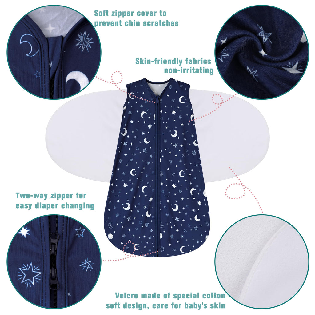 BSTOPPT Newborn Sleep Sack Baby Swaddle,0-3 Months,3-Way Adjustable Wearable Blanket,100% Rayon Cotton Swaddling sleeping bag，TOG 0.5（Clouds&Starry Sky）