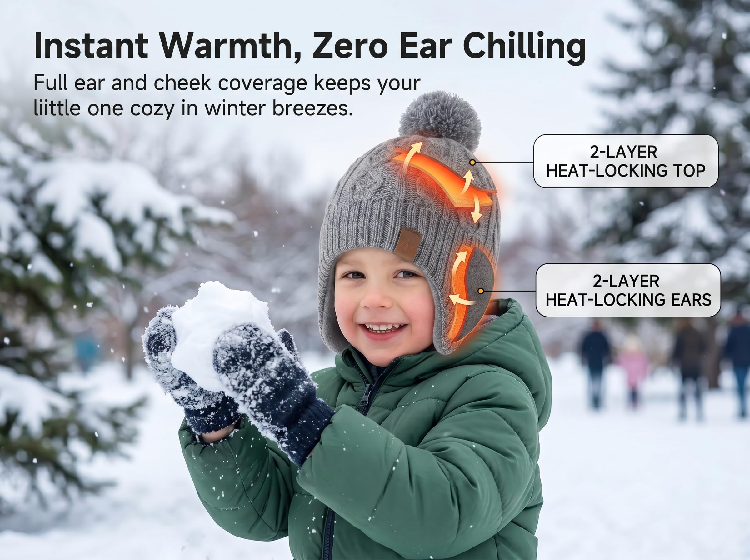 Moon Kitty Baby Hats for Boys and Girls - Upgrade Soft Pompom Fleece Lining Boys Winter Earflap Hat Gray