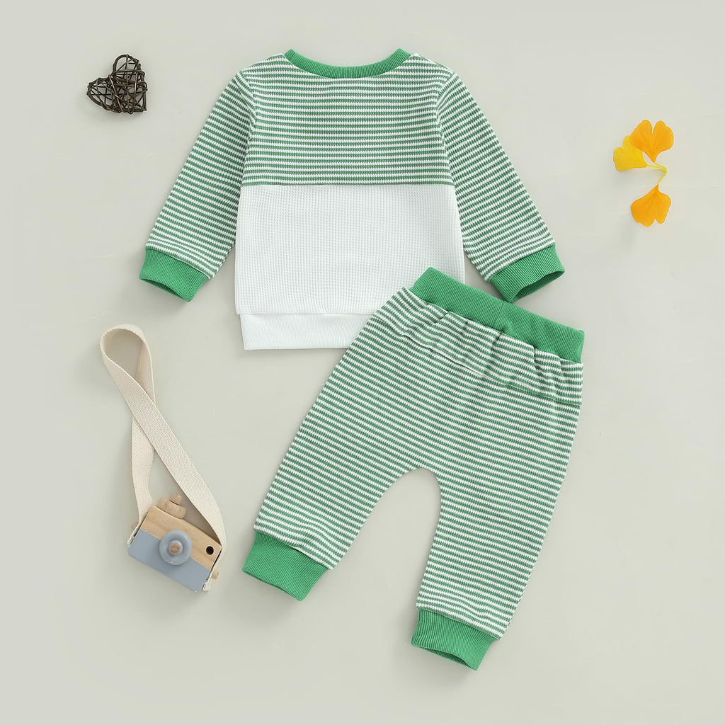 Fufuriprefer Toddler Baby Boy Fall Clothes Waffle outfit Long Sleeve Top Jogger Pant Set (Green, 6-12 Months)