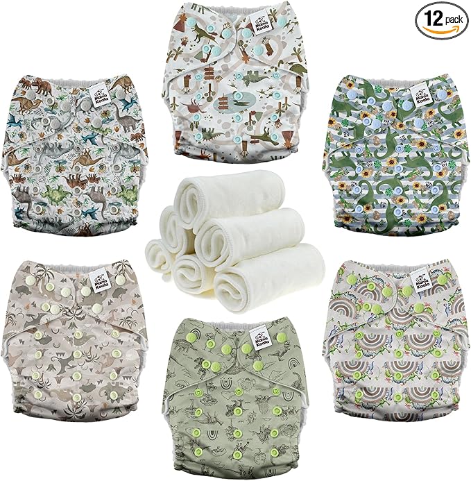 Mama Koala 3.0 Pocket Cloth Diapers for Babies with AWJ Lining, 6 Pack with 6 4-Layer Natural Cloth Diaper Inserts - Reusable and Washable Pocket Diapers(Cute Dinosaurs)