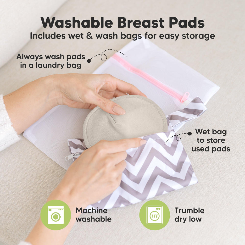 Organic Nursing Pads, 14 Washable Breast Pads,Wash Bag (Neutrals, XL 5.6")