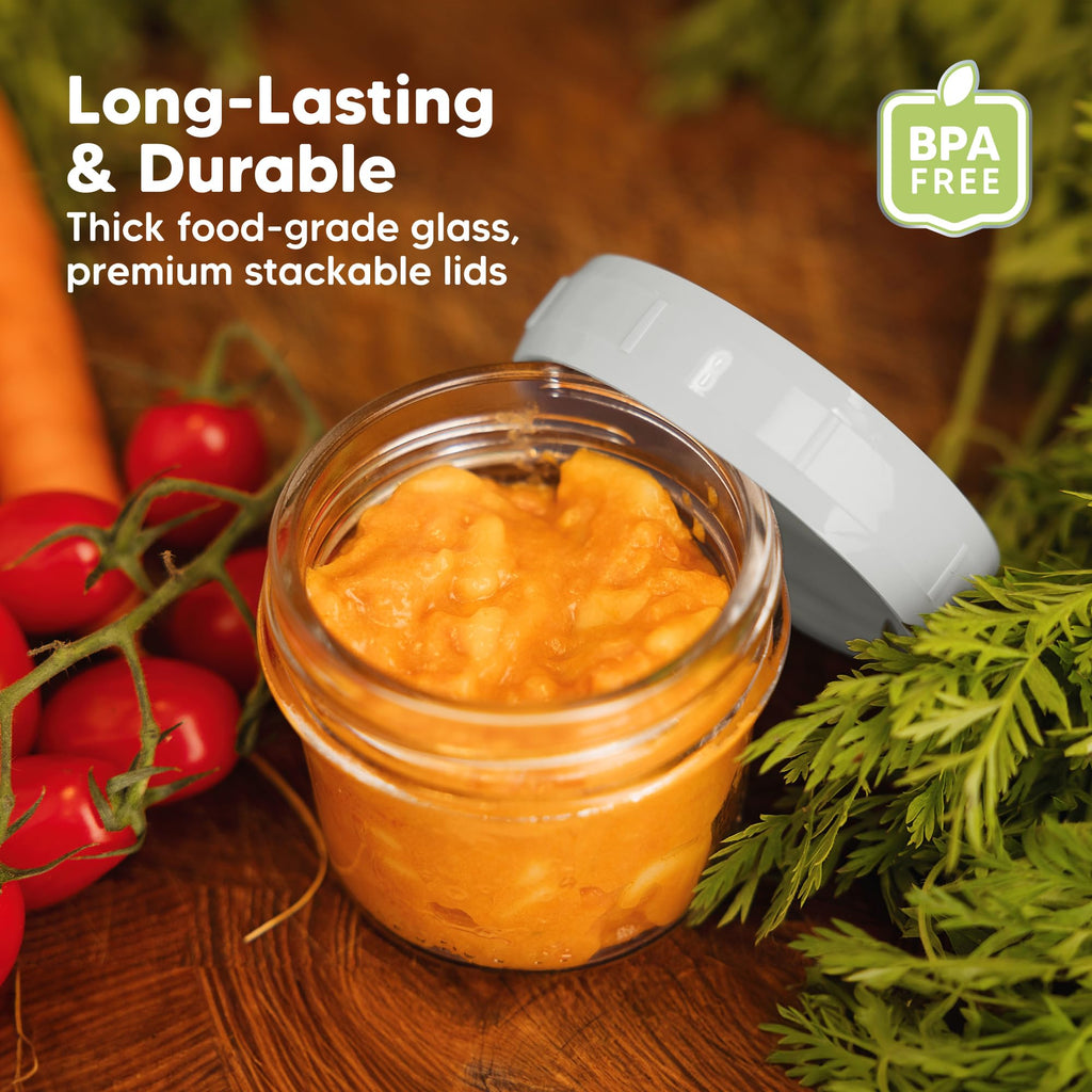KeaBabies 12pk 4oz Glass Baby Food Containers with Lids, Leak-Proof (Slate)