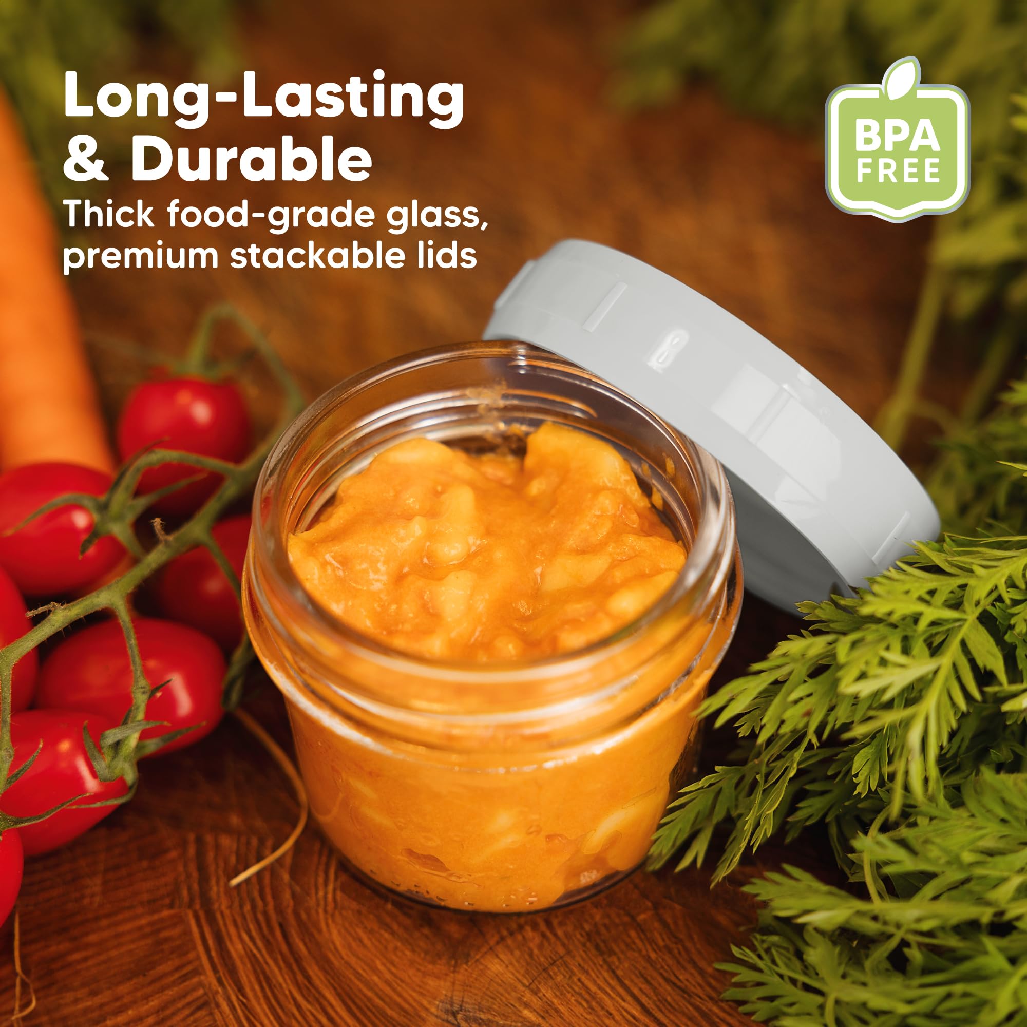 KeaBabies 12pk 4oz Glass Baby Food Containers with Lids, Leak-Proof (Slate)