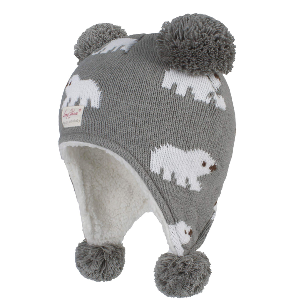 LANGZHEN Toddler Kids Infant Winter Hat,Earflap Knit Warm Cap Fleece Lined Beanie for Baby Boys Girls (Polar Bear - Grey, L(50-52CM/19.69"-20.47"))