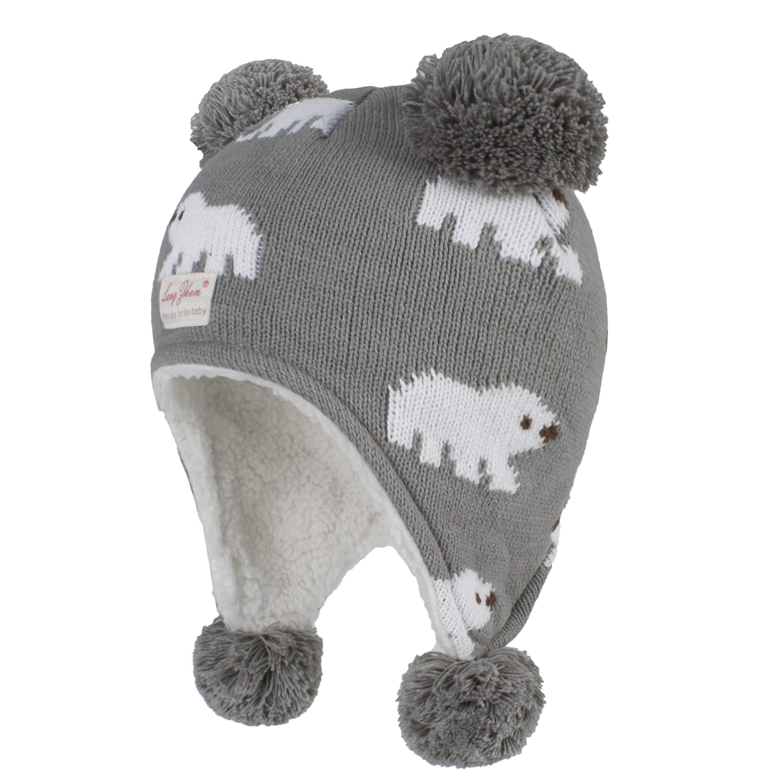 LANGZHEN Toddler Kids Infant Winter Hat,Earflap Knit Warm Cap Fleece Lined Beanie for Baby Boys Girls (Polar Bear - Grey, L(50-52CM/19.69"-20.47"))