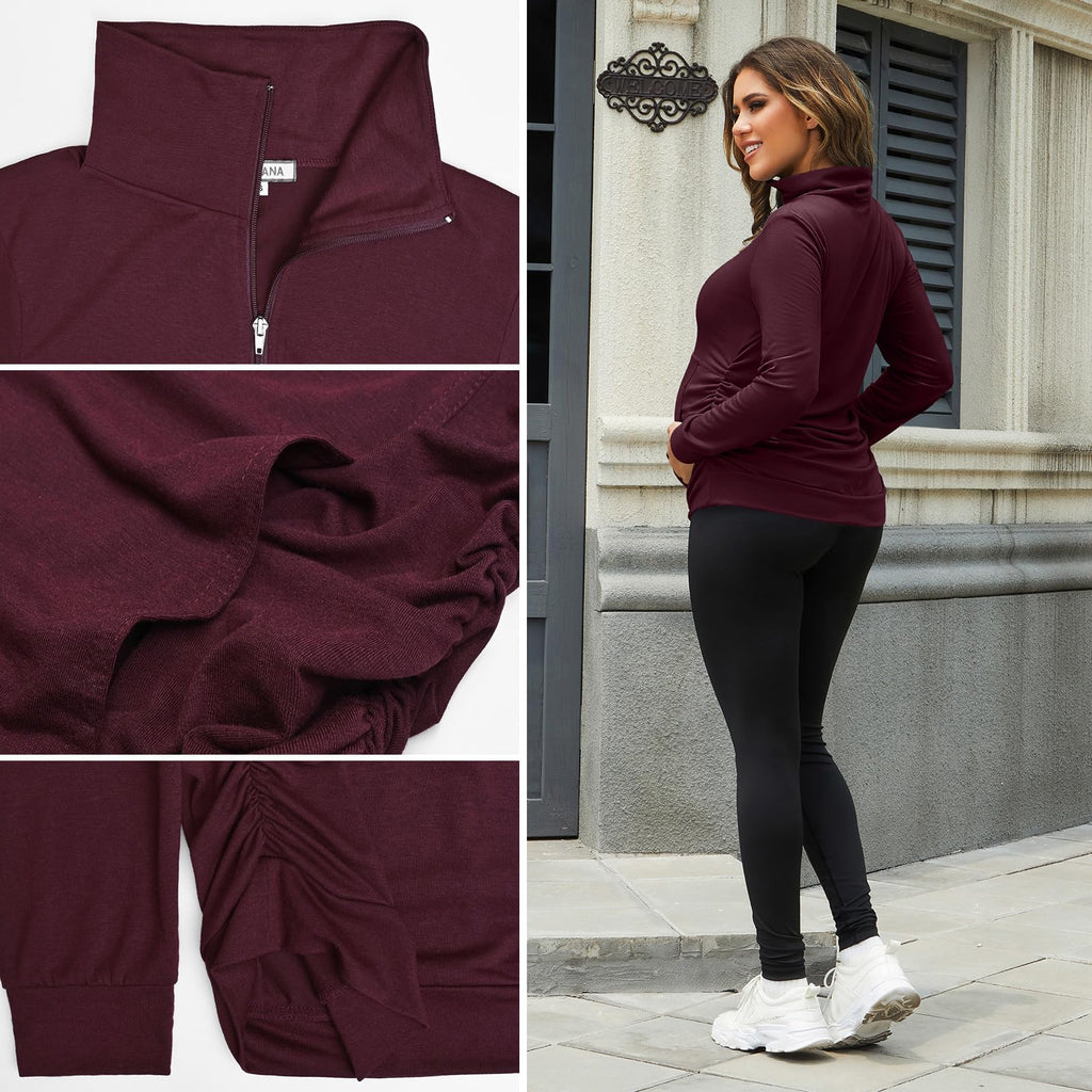 GINKANA Maternity Tops Comfortable Long Sleeve Lightweight Zip-up Shirts with Kanga Pocket,Wine Red,XL