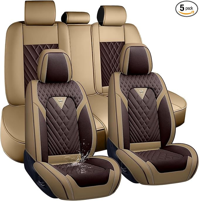 Car Seat Cover Full Set, Seat Cover for Cars, Car Seat Cover Car Seat Protector Waterproof Leather Car Seat Cushion Full Coverage Seat Cover Front and Back Seat Fit for Most Cars(5 Seat,Brown&Beige)