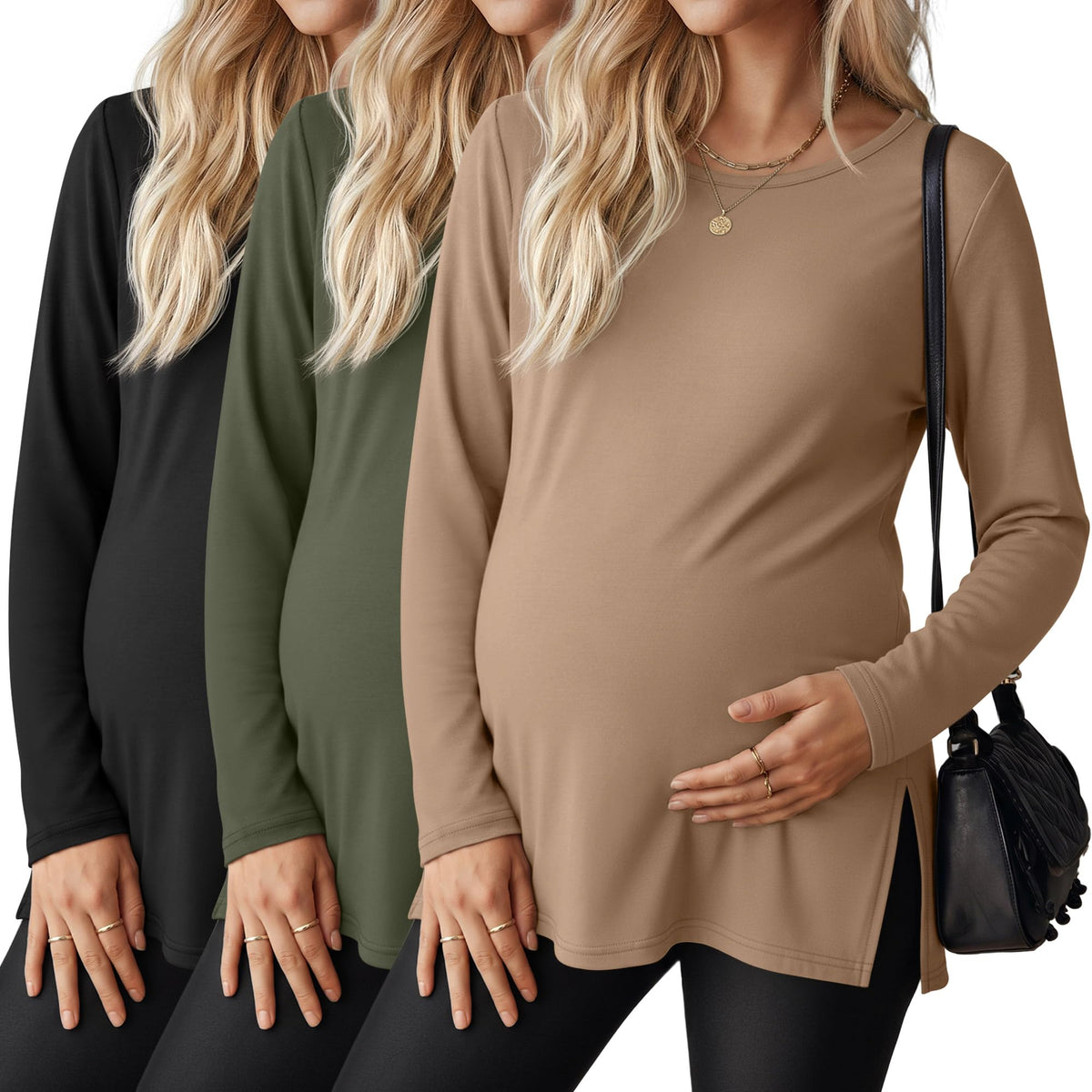 Riyiper 3 Pack Women Maternity Shirts Long Sleeve Pregnancy Tops 3Color L