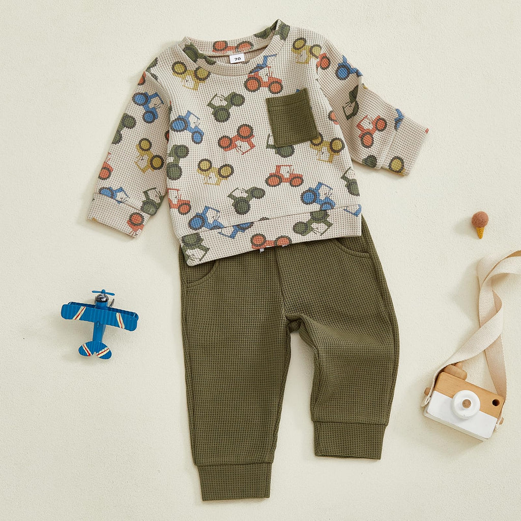 Fufuriprefer Toddler Baby Boy Fall Clothes Waffle outfit Long Sleeve Top Jogger Pant Set (Army Green, 2-3T)