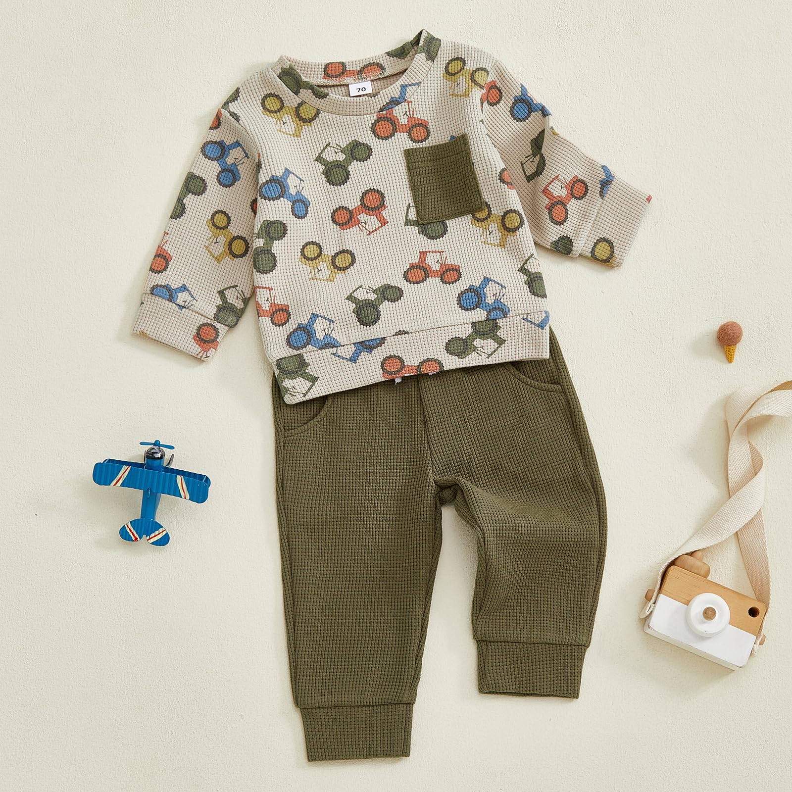 Fufuriprefer Toddler Baby Boy Fall Clothes Waffle outfit Long Sleeve Top Jogger Pant Set (Army Green, 2-3T)