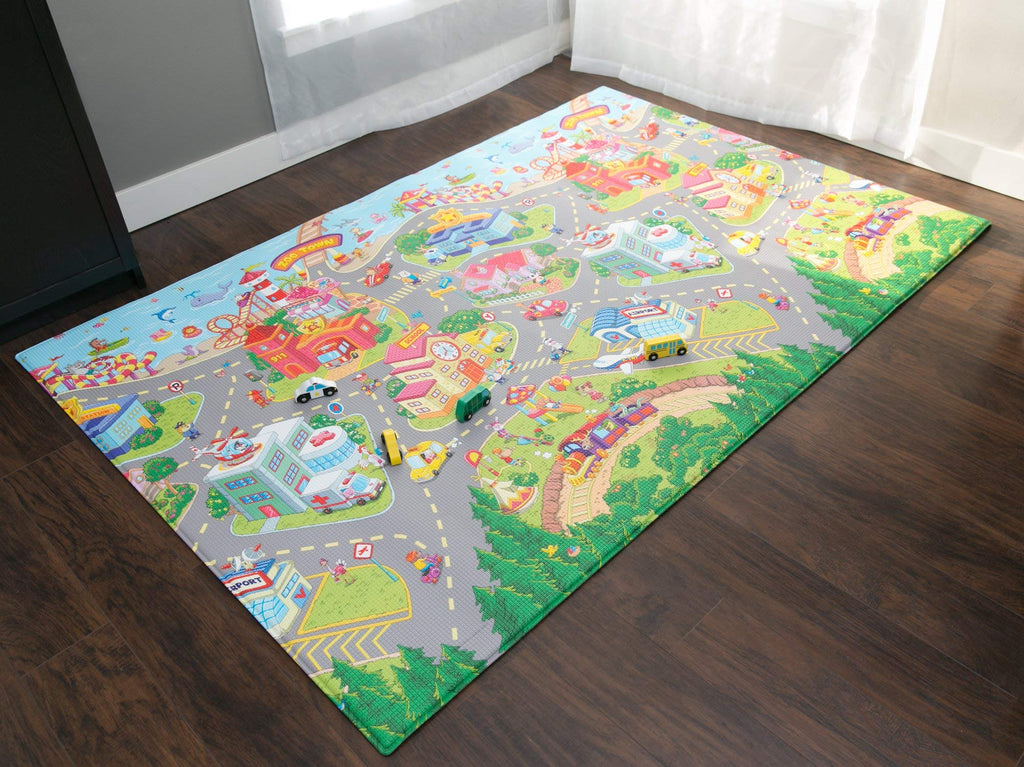 Baby Care Play Mat (Medium, Playful - Zoo Town) 73’’ x 49’’ Original One-Piece Reversible Rollable Waterproof Play Mat for Infants, Babies, Toddler, and Kids
