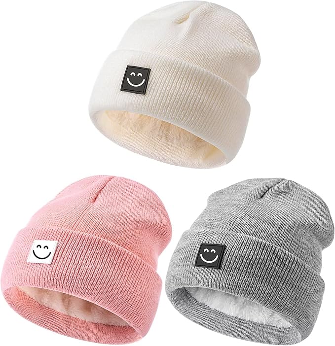 Baby Beanie Hat 3 Packs with Cute Smiley Face, Toddler Girls Boys Baby Hats Winter, Kids Winter Hat Cold Weather
