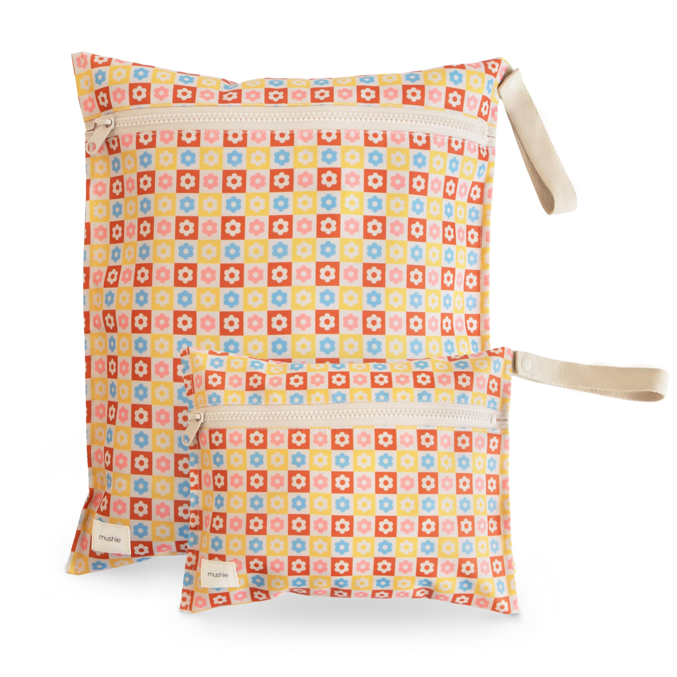 mushie Water Resistant Wet Bags | Large & Small Reusable Storage Bag for Baby Items and Travel | Zippered Pockets with Handle | Machine Washable, Set of 2 (Happy Flowers Check)