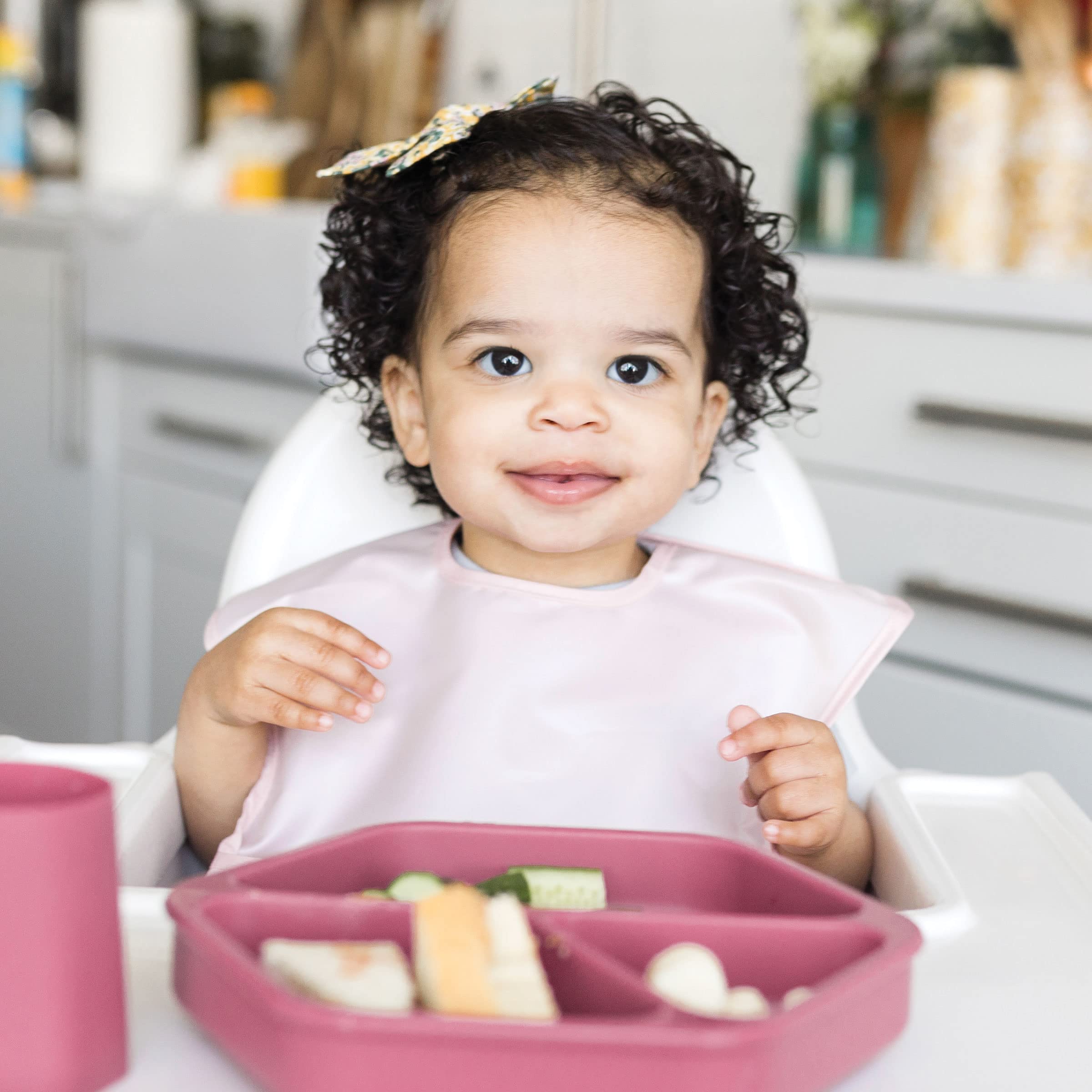 Tiny Twinkle Mess-Proof Baby Bibs for Eating | Waterproof, Wipeable Toddler Bibs with Catch-All Pocket | Feeding Bibs for Girls & Boys(3 Pack,Blush, Burgundy)