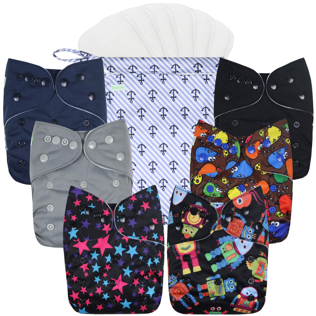 wegreeco Cloth Diapers 6 Pack with 6 Inserts & 1 Wet Bag, Washable Cloth Diapers for Babies, One Size Adjustable Reusable (with 1 Wet Bag,Boy Prints)