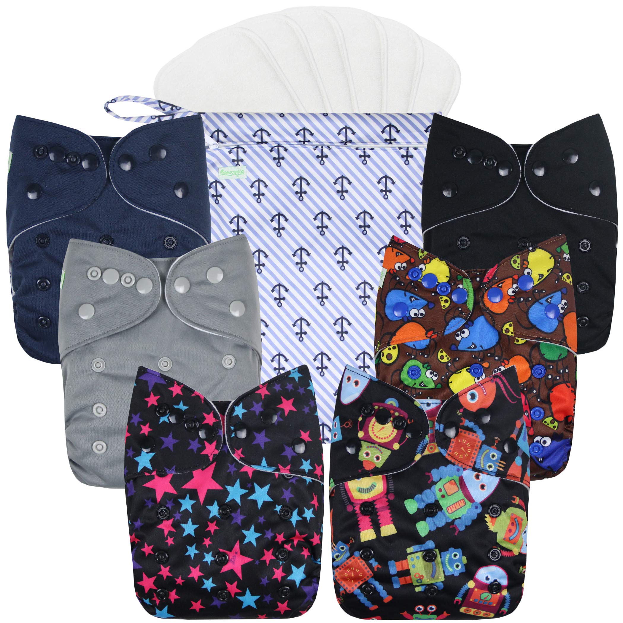 wegreeco Cloth Diapers 6 Pack with 6 Inserts & 1 Wet Bag, Washable Cloth Diapers for Babies, One Size Adjustable Reusable (with 1 Wet Bag,Boy Prints)