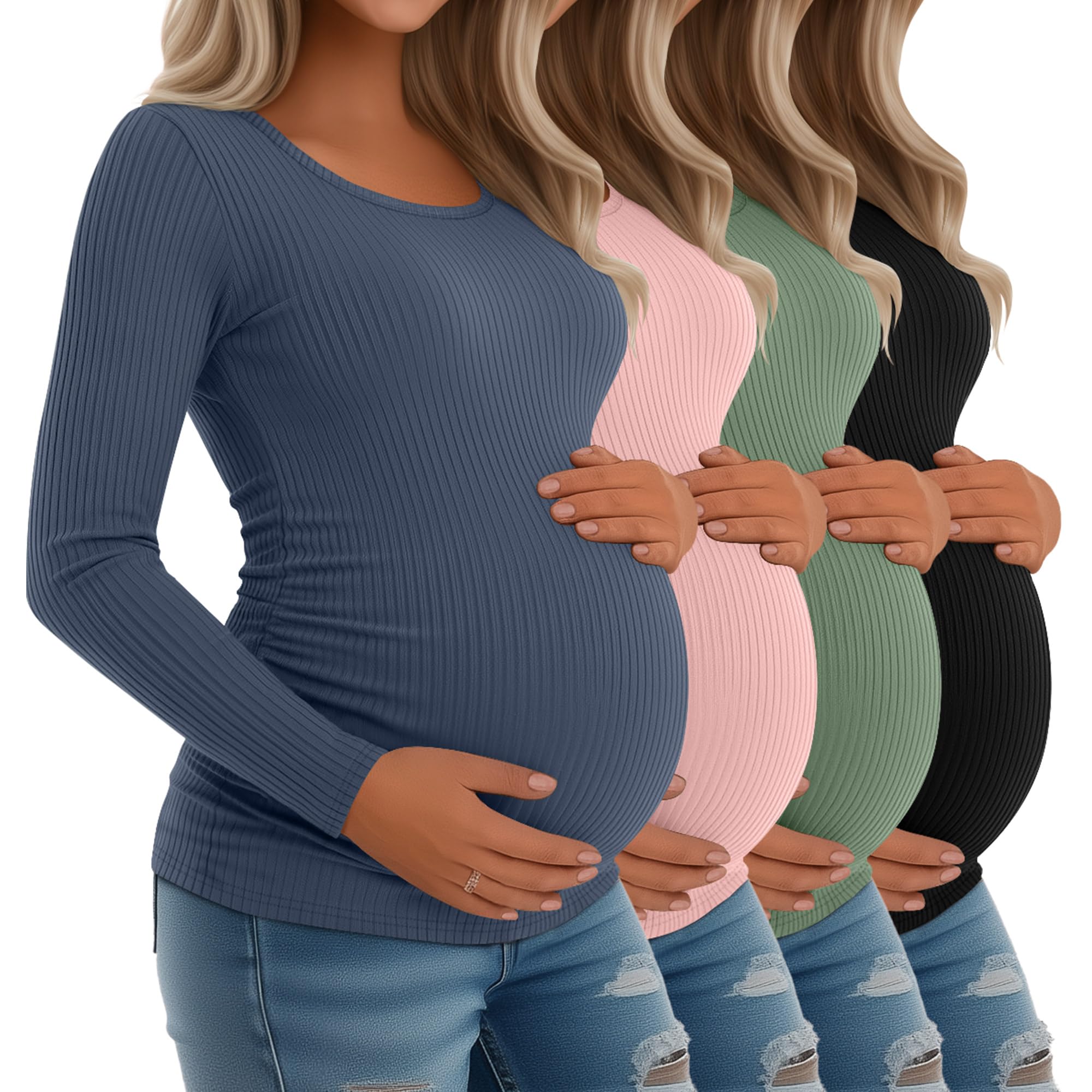 Riyiper 4 Pack Women's Cotton Ribbed Maternity Shirts, 4-Color, Small