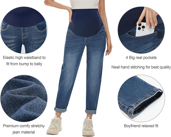 POSHGLAM Women's Maternity Jeans Over Belly Comfy Stretch 28'' Boyfriend Jeans Loose Pregnancy Pants, S-XXL