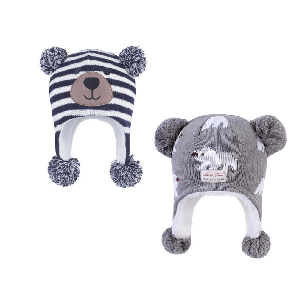 LANGZHEN Toddler Kids Infant Winter Hat,Earflap Knit Warm Cap Fleece Lined Beanie for Baby Boys (Bear -Navy Stripe+Polar Bear - Grey, 2-4 T)