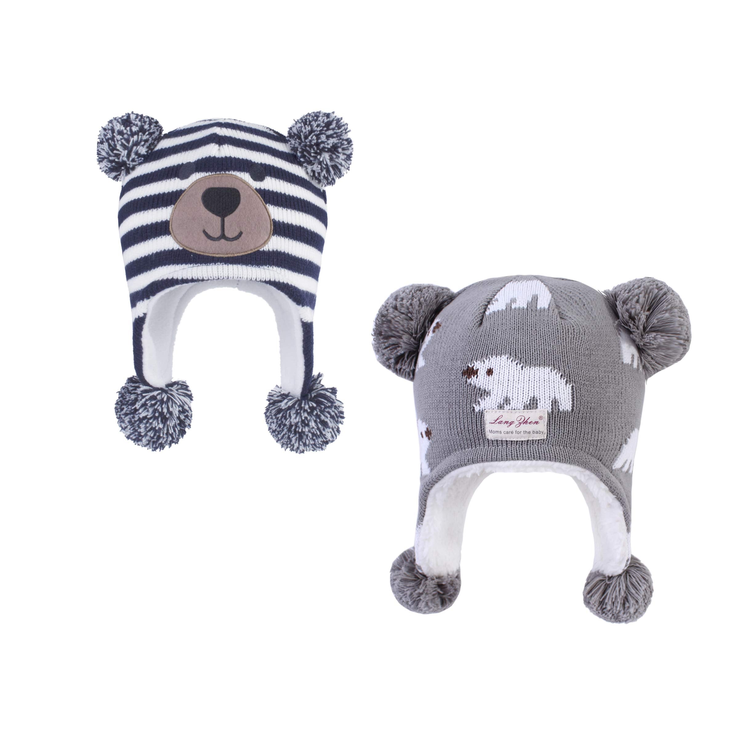 LANGZHEN Toddler Kids Infant Winter Hat,Earflap Knit Warm Cap Fleece Lined Beanie for Baby Boys (Bear -Navy Stripe+Polar Bear - Grey, 2-4 T)