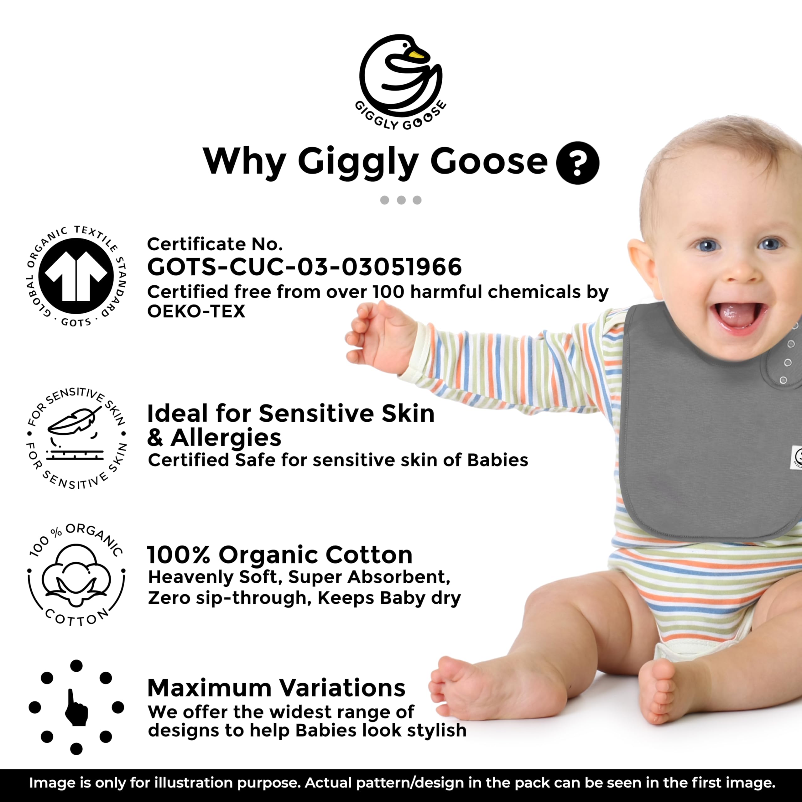 Giggly Goose 3 Pack Drooling Bibs for Babies | Premium & Soft Organic Cotton Teething Bibs with Snaps and Fleece Backing
