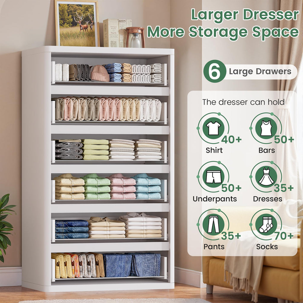 Standifurno 56" Tall Dresser for Bedroom, White Fluted Dresser with 6 Deep Drawers, Modern Chest of Drawers with Curved Profile, Handleless, Wooden Drawer Organizer for Living Room, Hallway, Closet