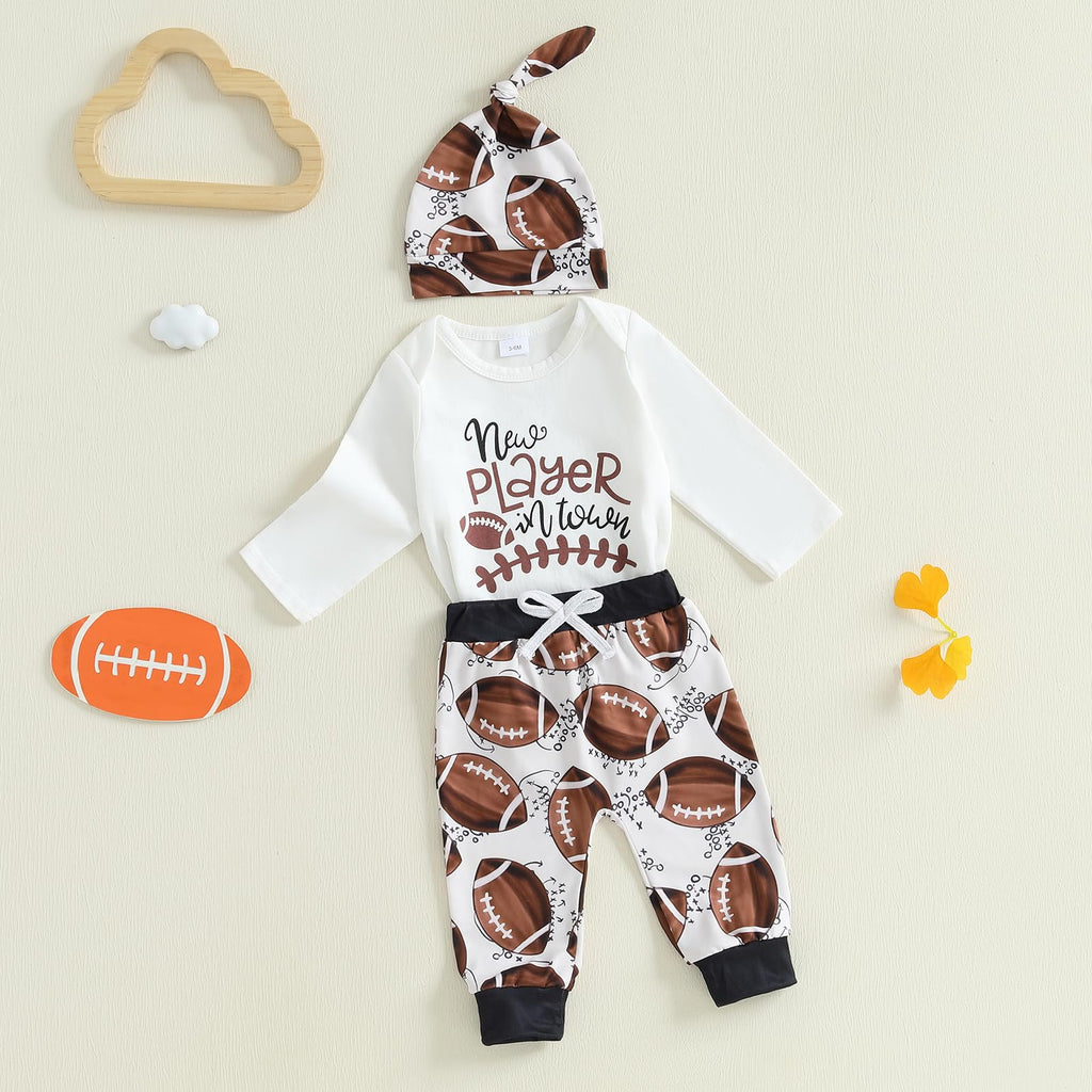 Doqcey Newborn Baby Boy Football Clothes New Player in Town Long Sleeve Romper Long Pants Hat Set Fall Coming Home Outfit (White-A, 3-6 Months)
