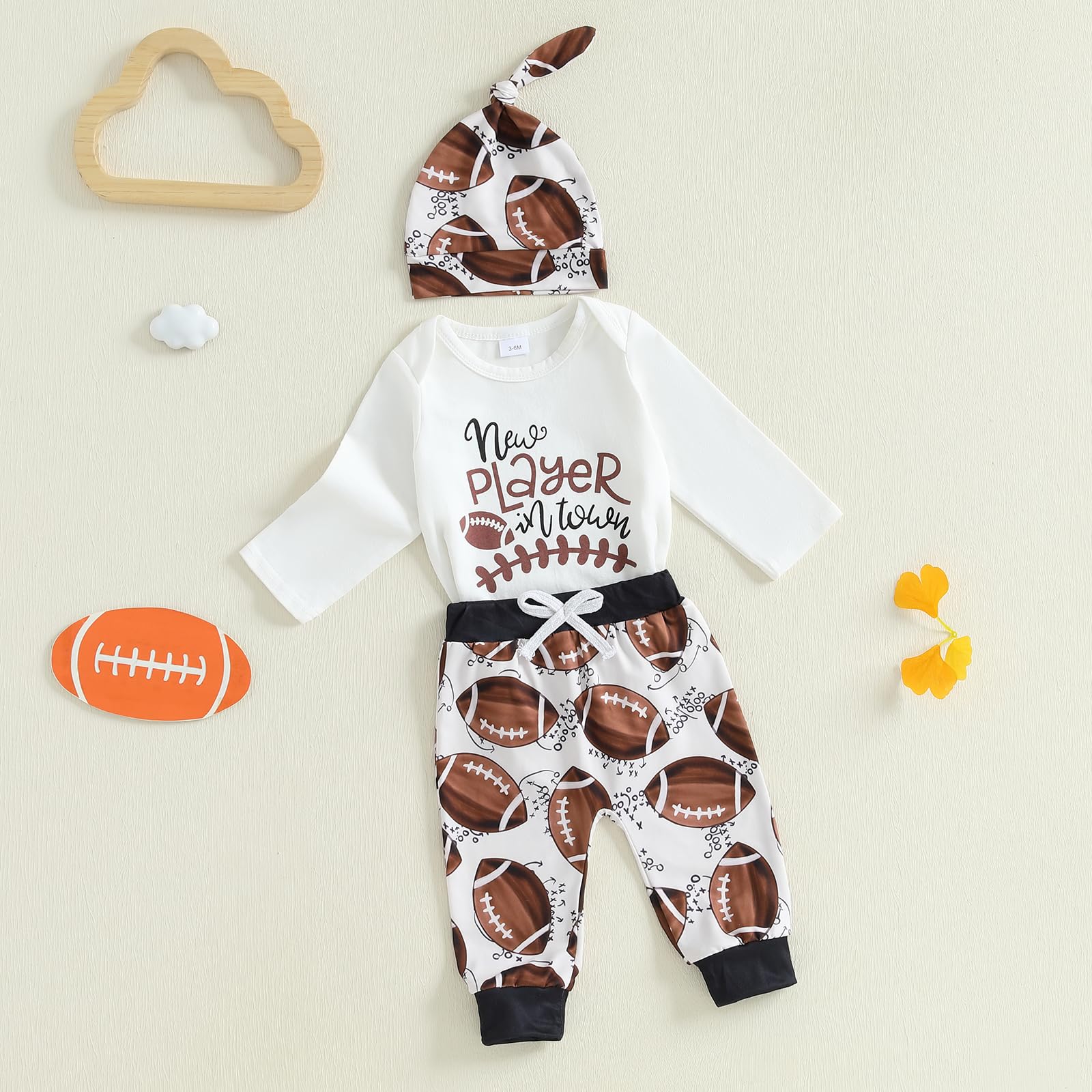 Doqcey Newborn Baby Boy Football Clothes New Player in Town Long Sleeve Romper Long Pants Hat Set Fall Coming Home Outfit (White-A, 3-6 Months)